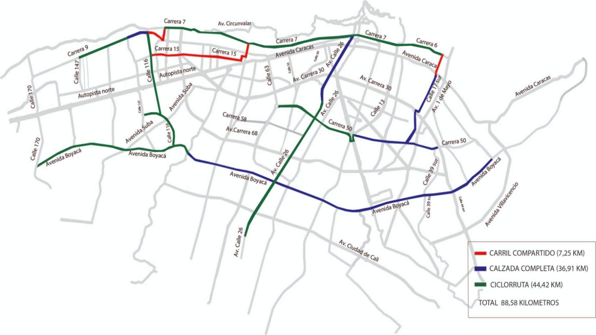 Mapa de la ciclovía para el Día sin Carro y sin Moto en Bogotá 2026
