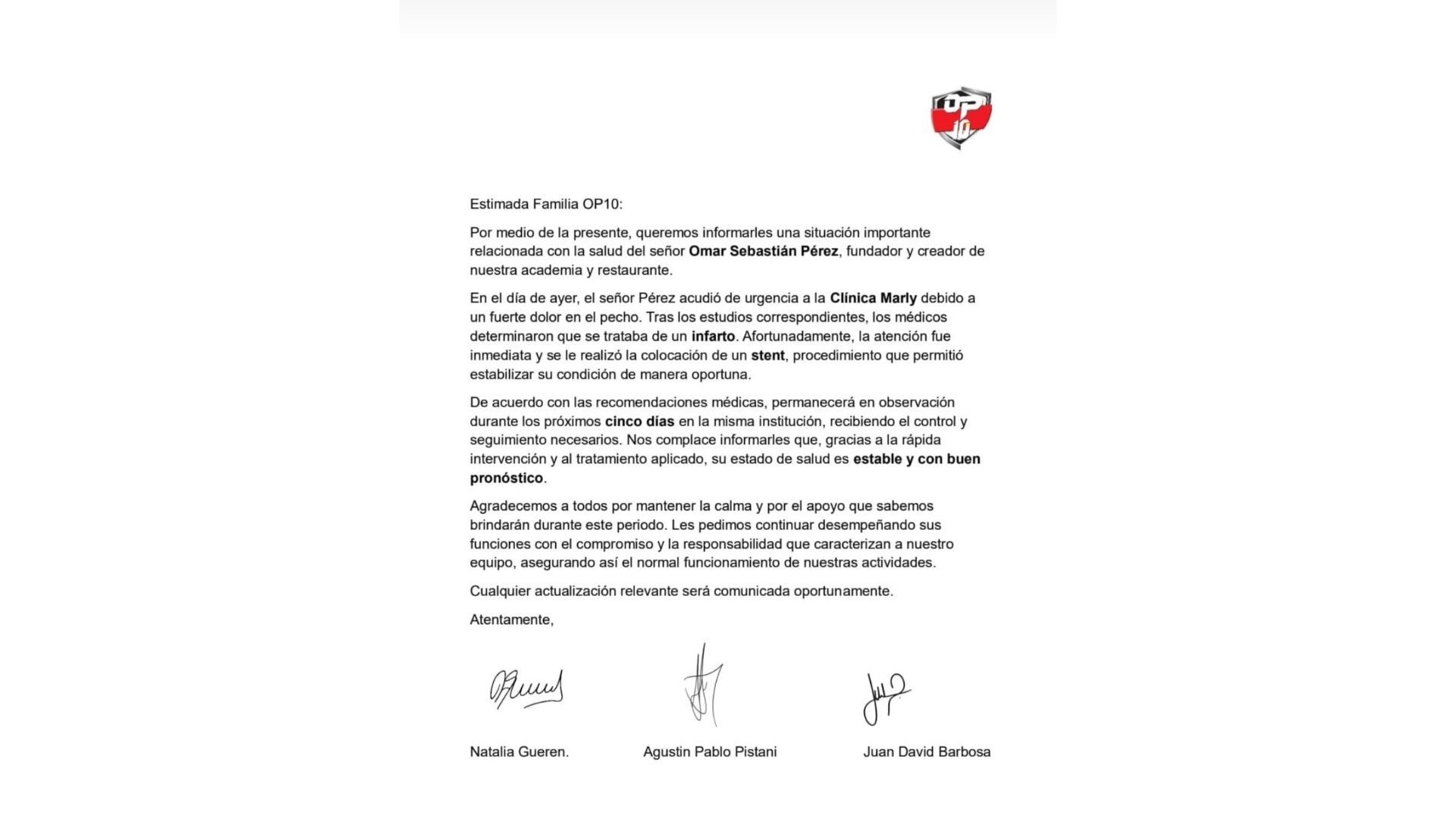 Comunicado del estado de salud de Omar Pérez