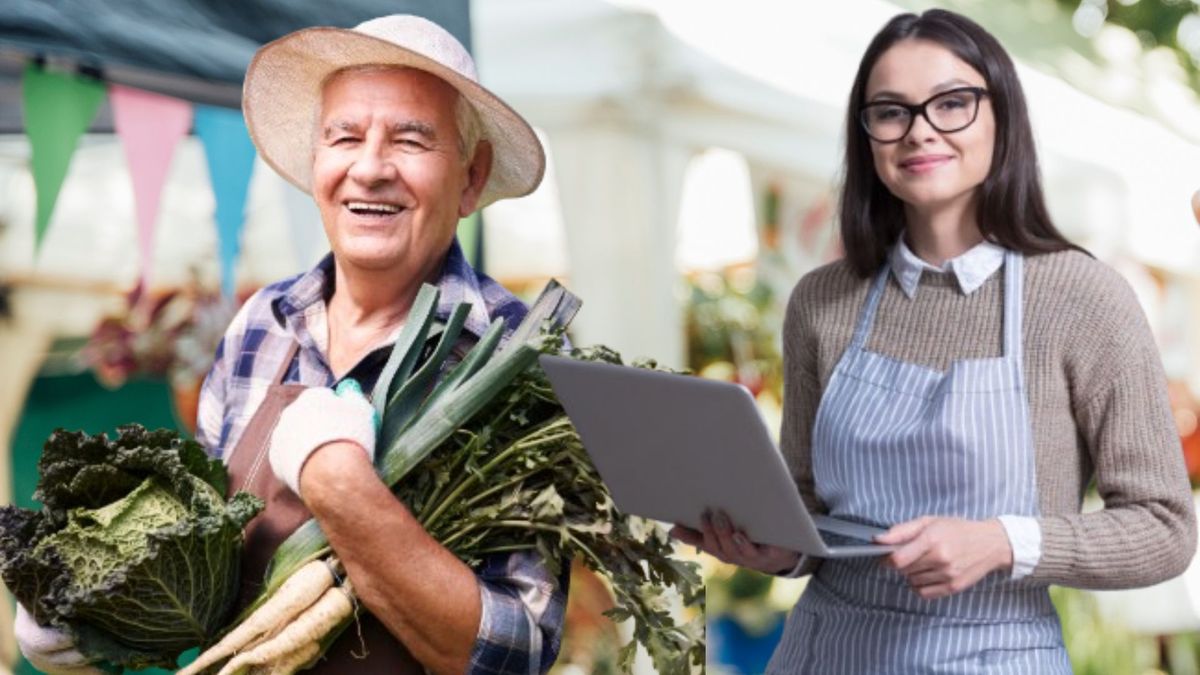 Campesino y emprendedora en una feria
