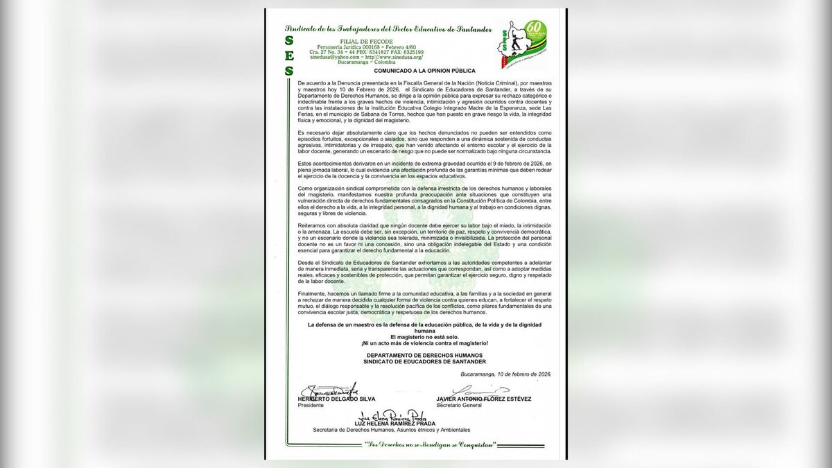 Sindicato de Educadores de Santander rechaza agresiones contra docentes de Sabana de Torres