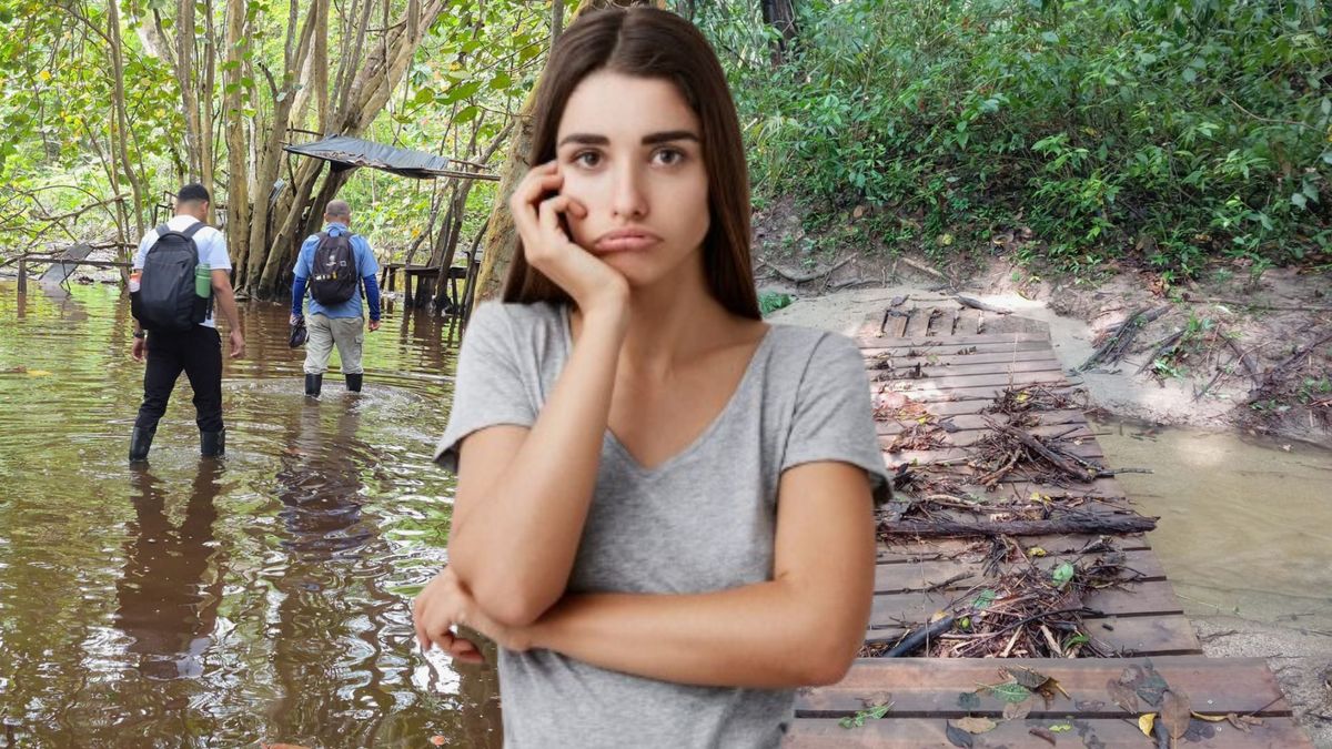 Sector Cañaveral en el Parque Nacional Natural Tayrona destruido por las lluvias (fondo) - mujer preocupada