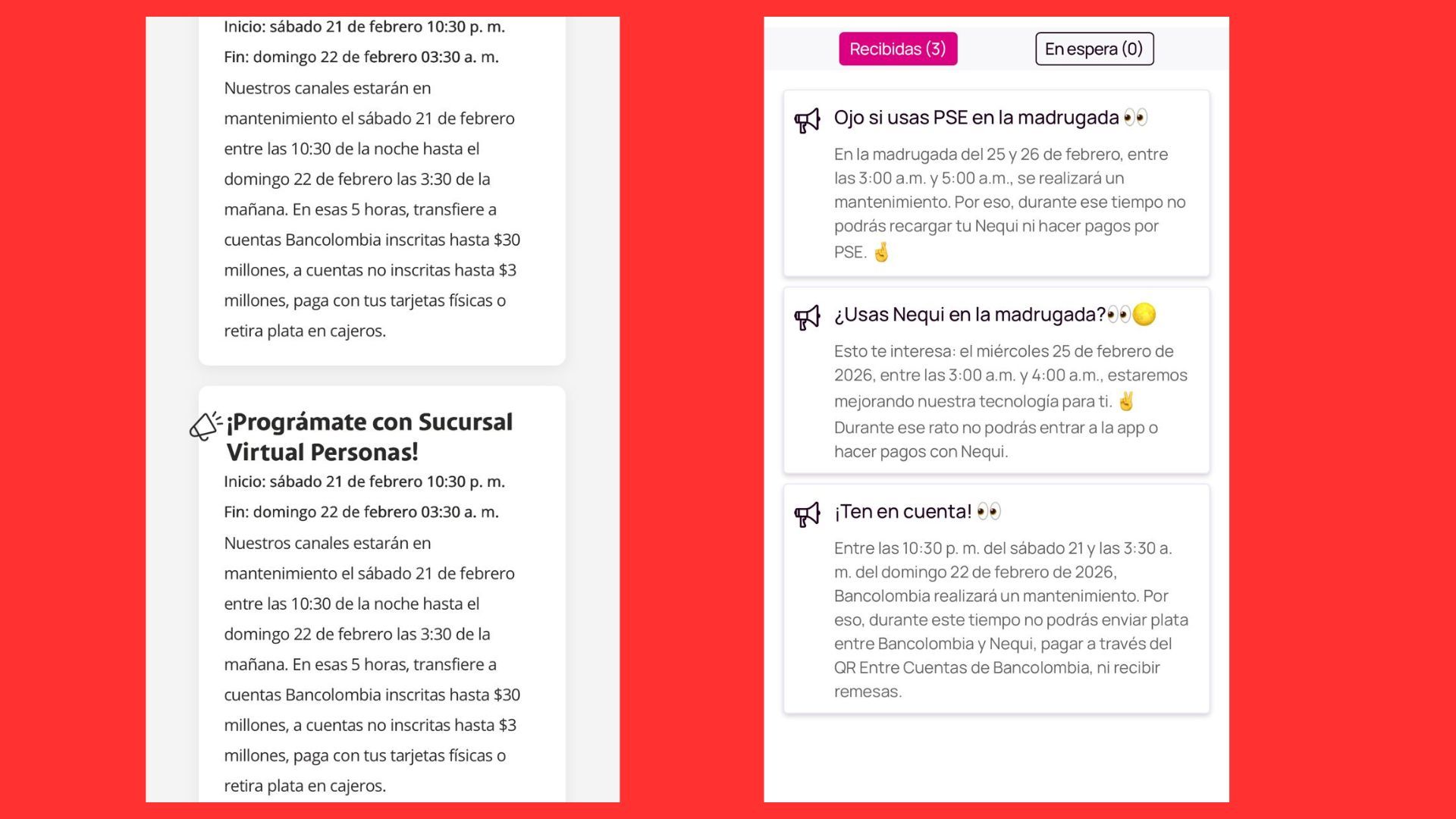 Anuncio de mantenimiento de Nequi y Bancolombia