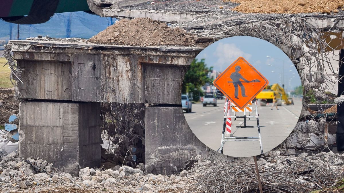 Imagen ilustrativa de puente demolido y señalización de cierre vial