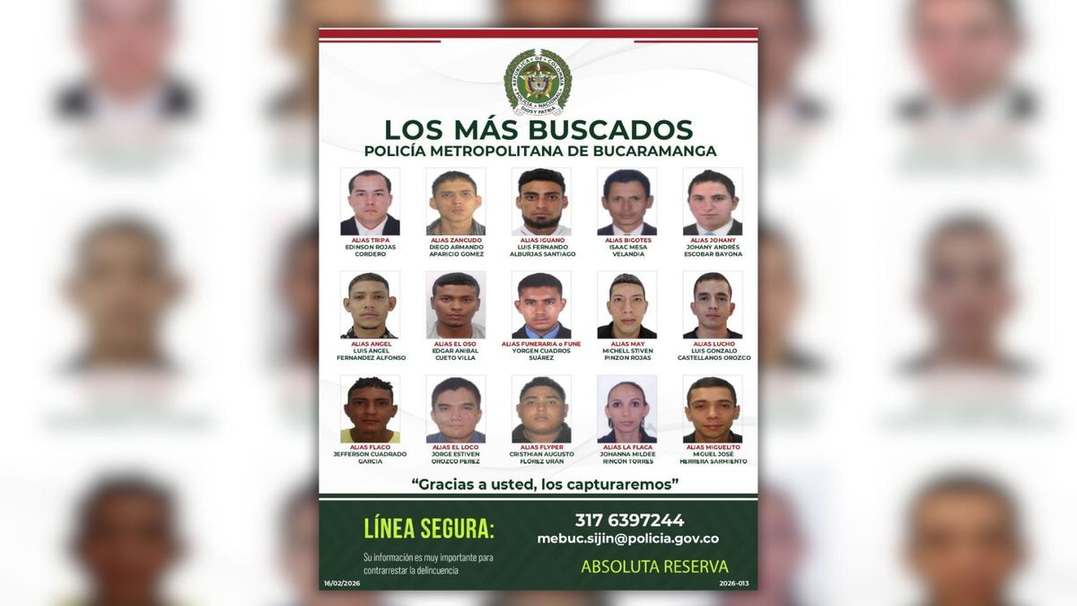 Cartel de los más buscados de Bucaramanga (febrero 2026)
