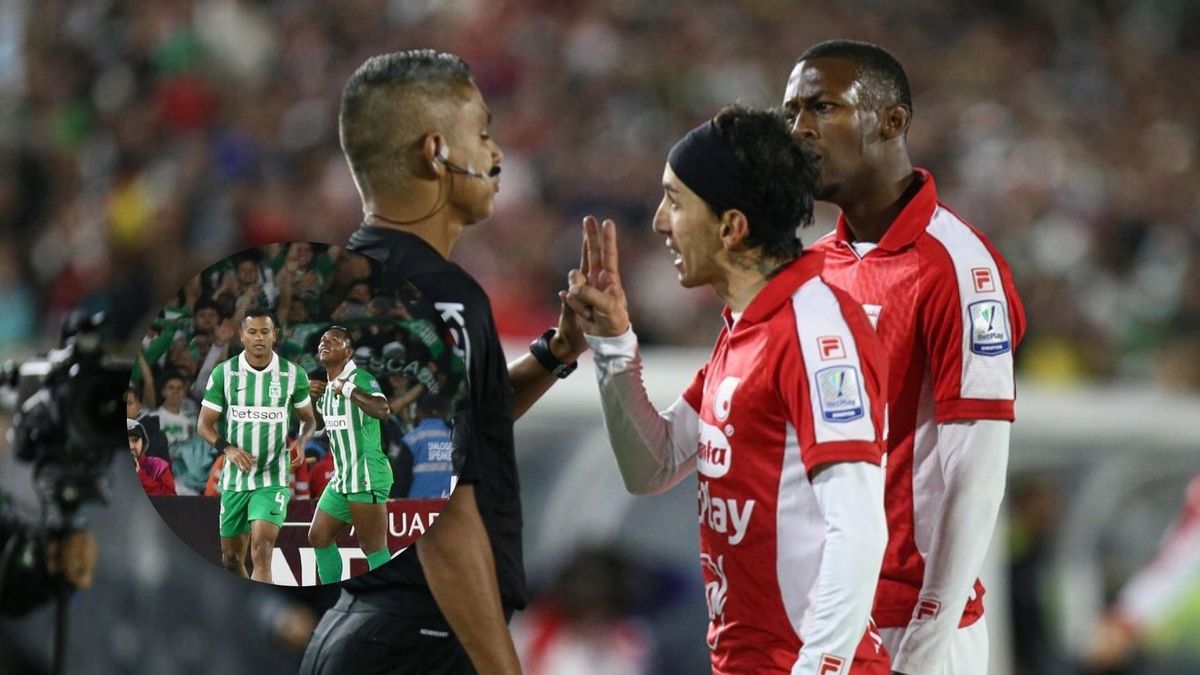 Jugadores de Santa Fe reclamándole al árbitro por gol anulado contra Nacional