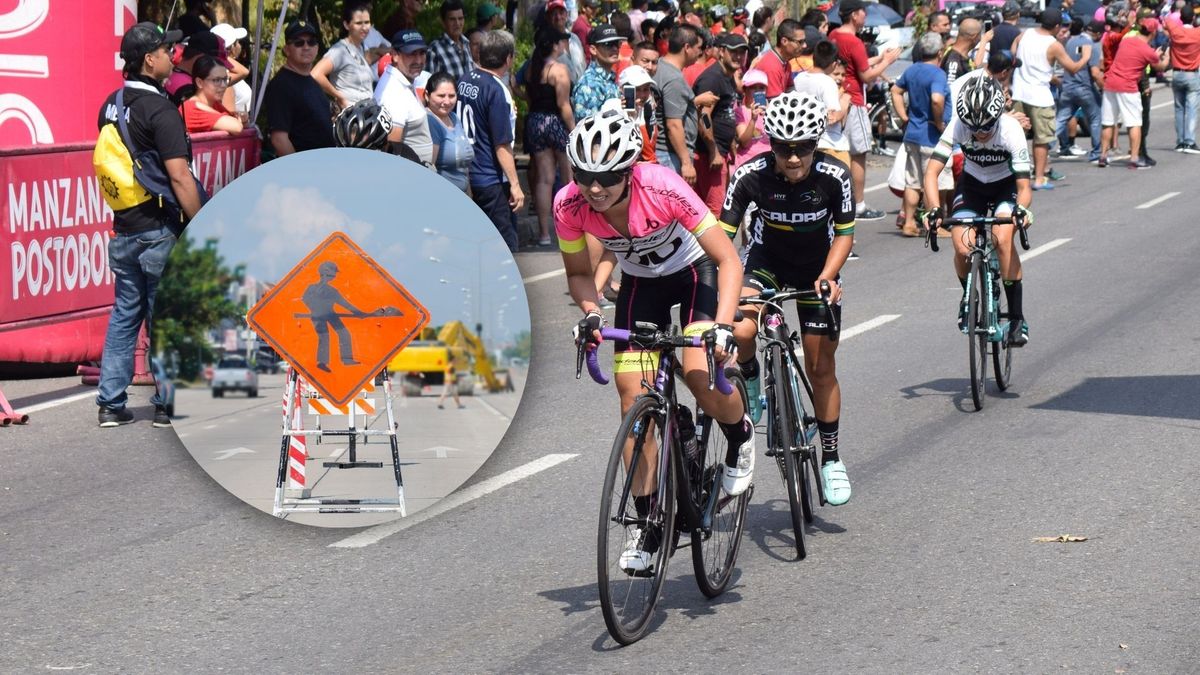 Imagen ilustrativa de carrera ciclística en Colombia y una señal de cierre vial