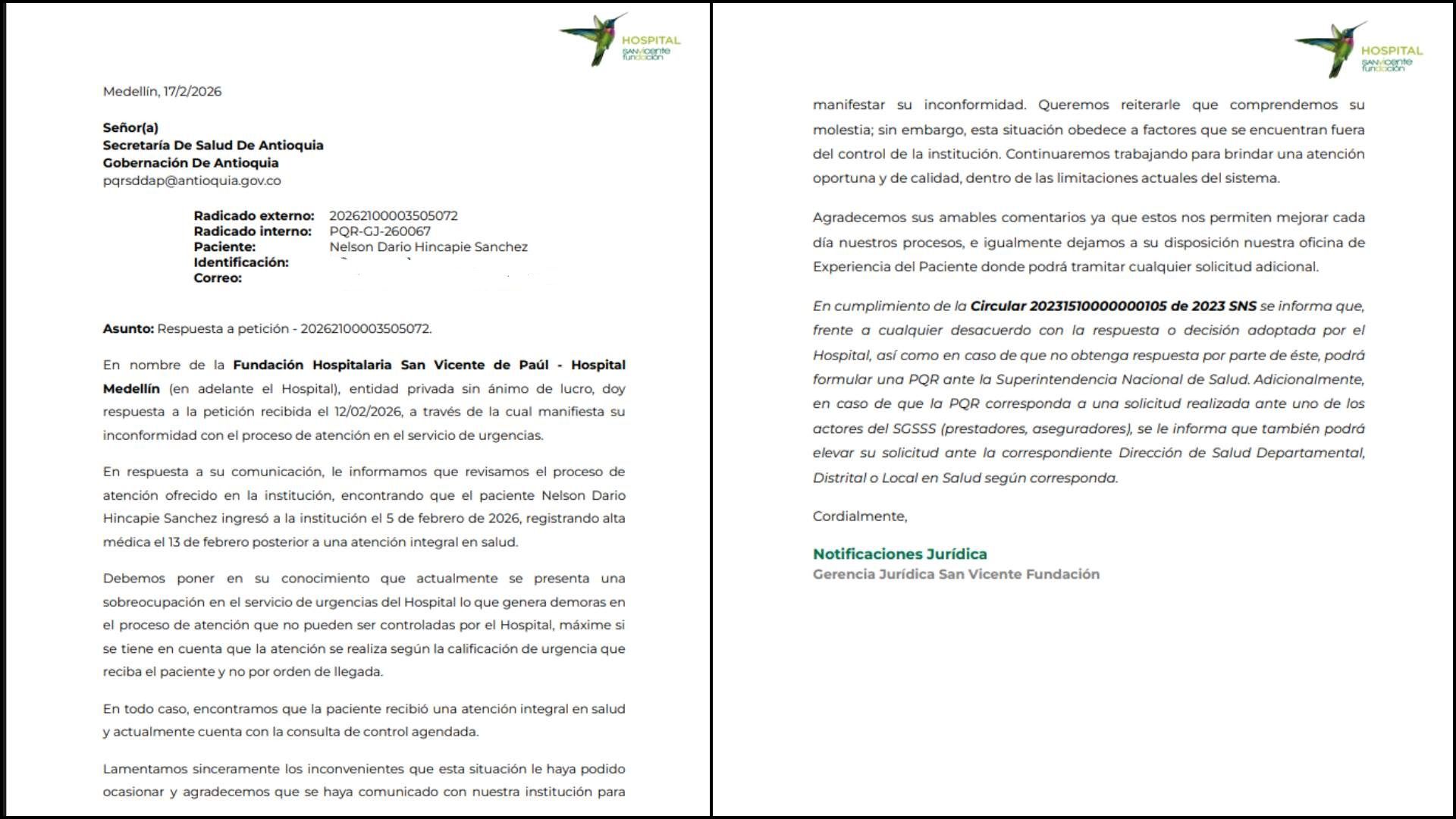 Respuesta a denuncia por presunta negligencia médica