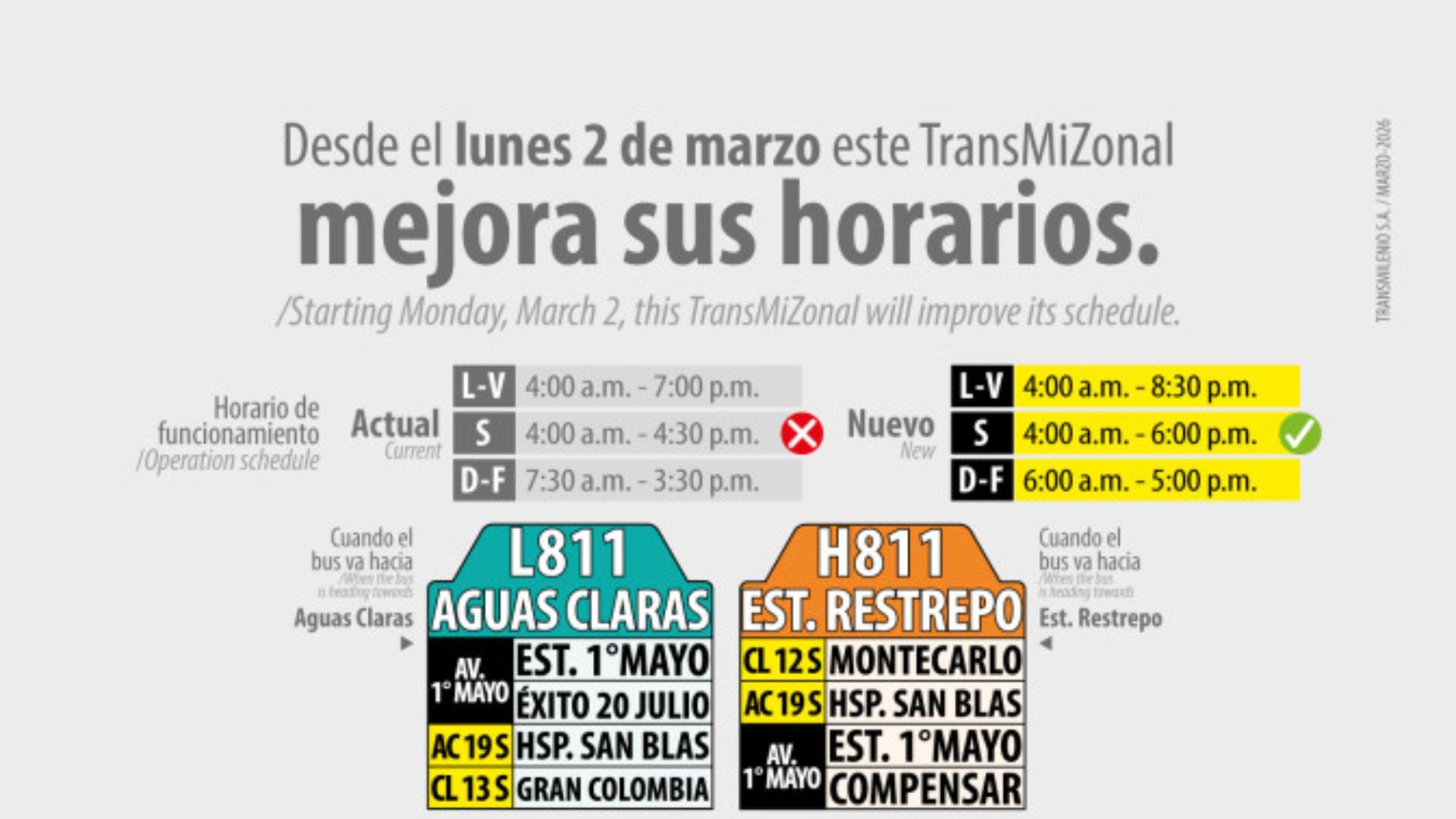 L811 – H811 amplía servicio y ahora operará hasta las 8:30 p.m.