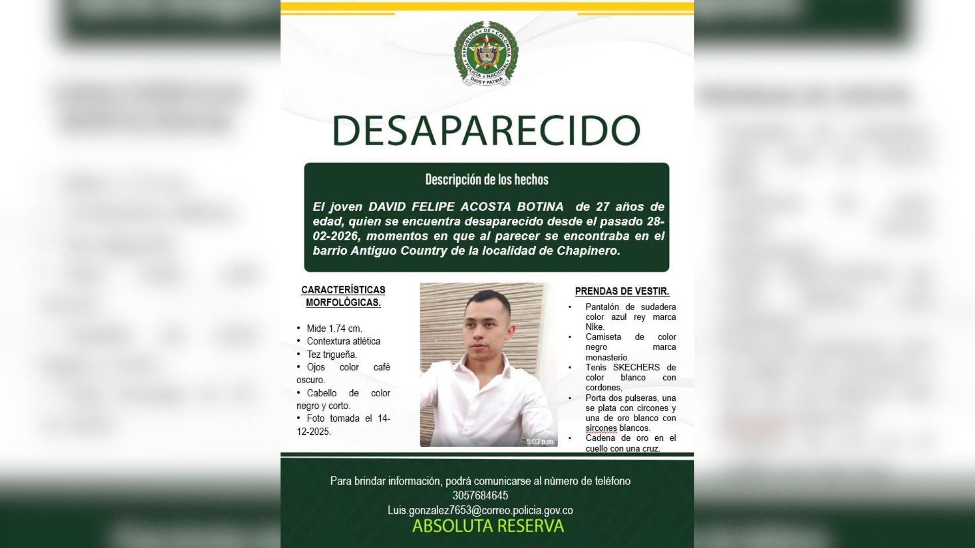Cartel de desaparecido de David Acosta