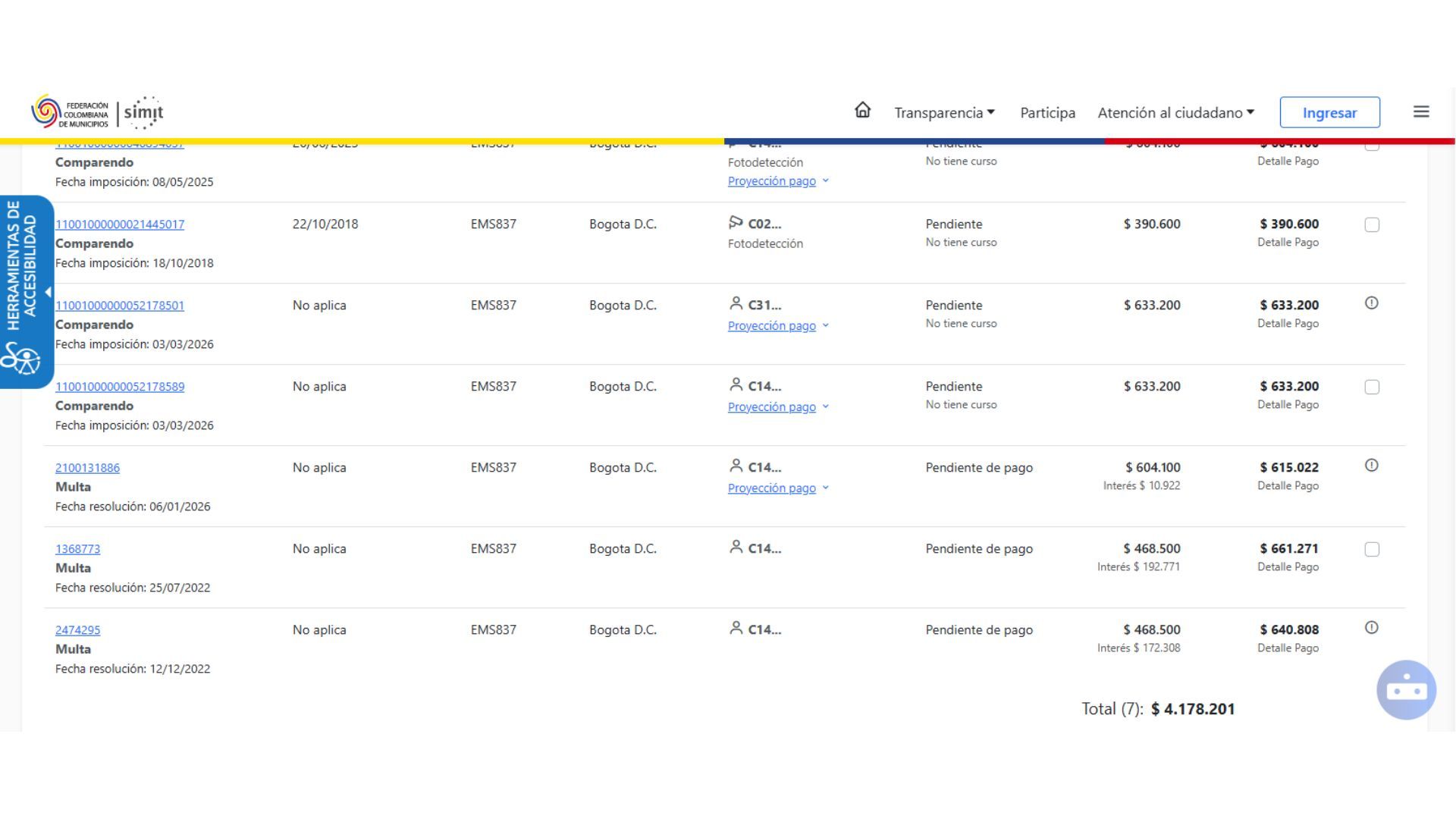 Captura de pantalla del SIMIT con infracciones de tránsito