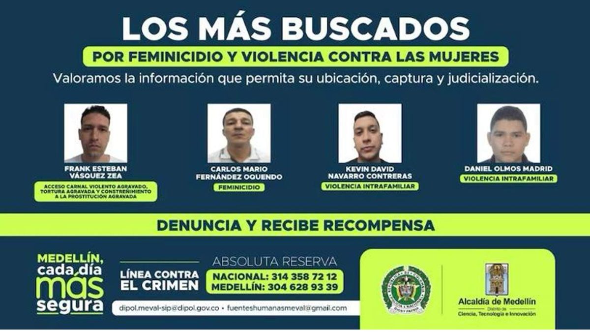 Los más buscados por feminicidio y violencia de género en el Valle de Aburrá