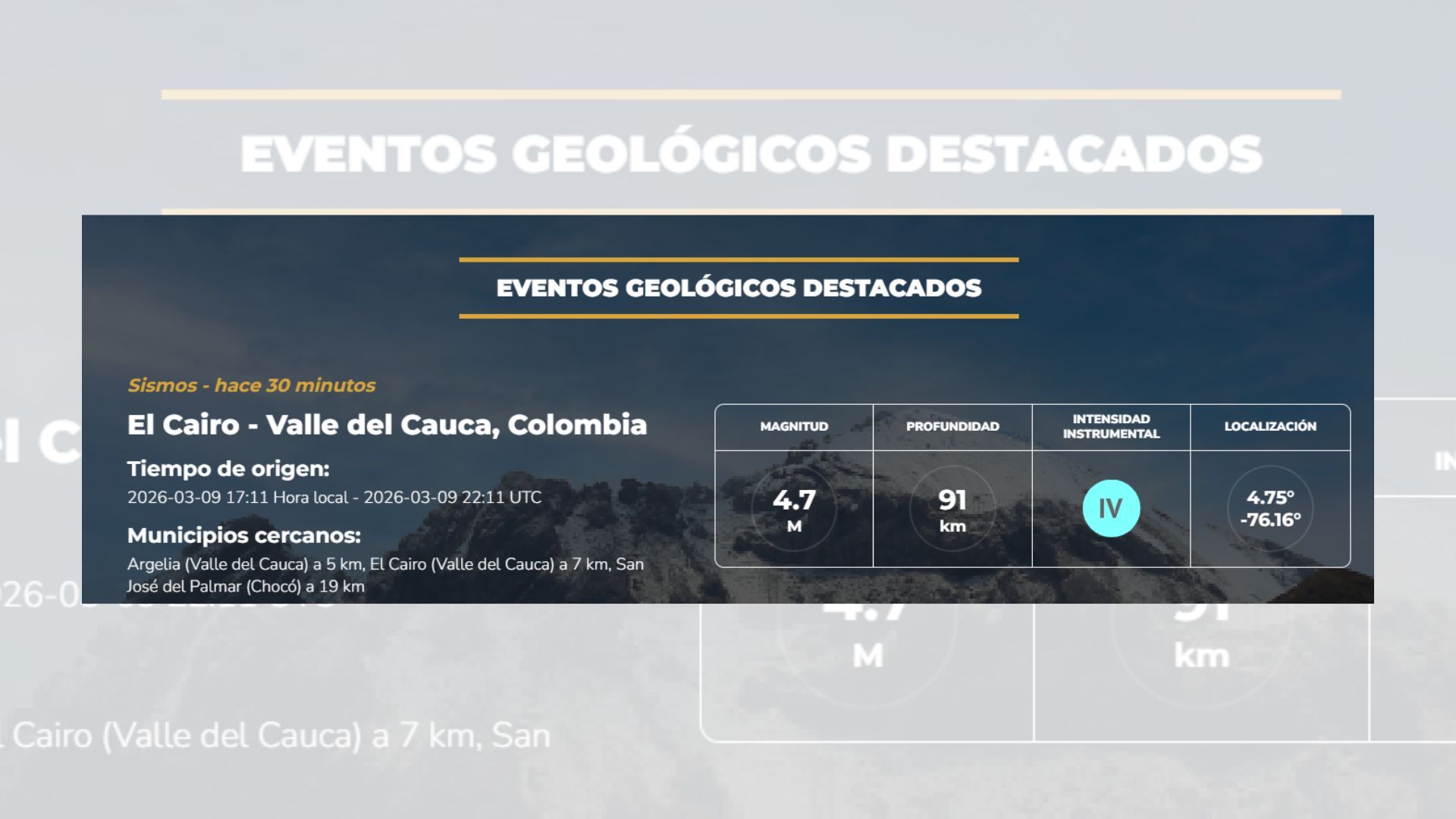 Colombia tembló este 9 de marzo: sismo de 4.7 tuvo epicentro en El Cairo