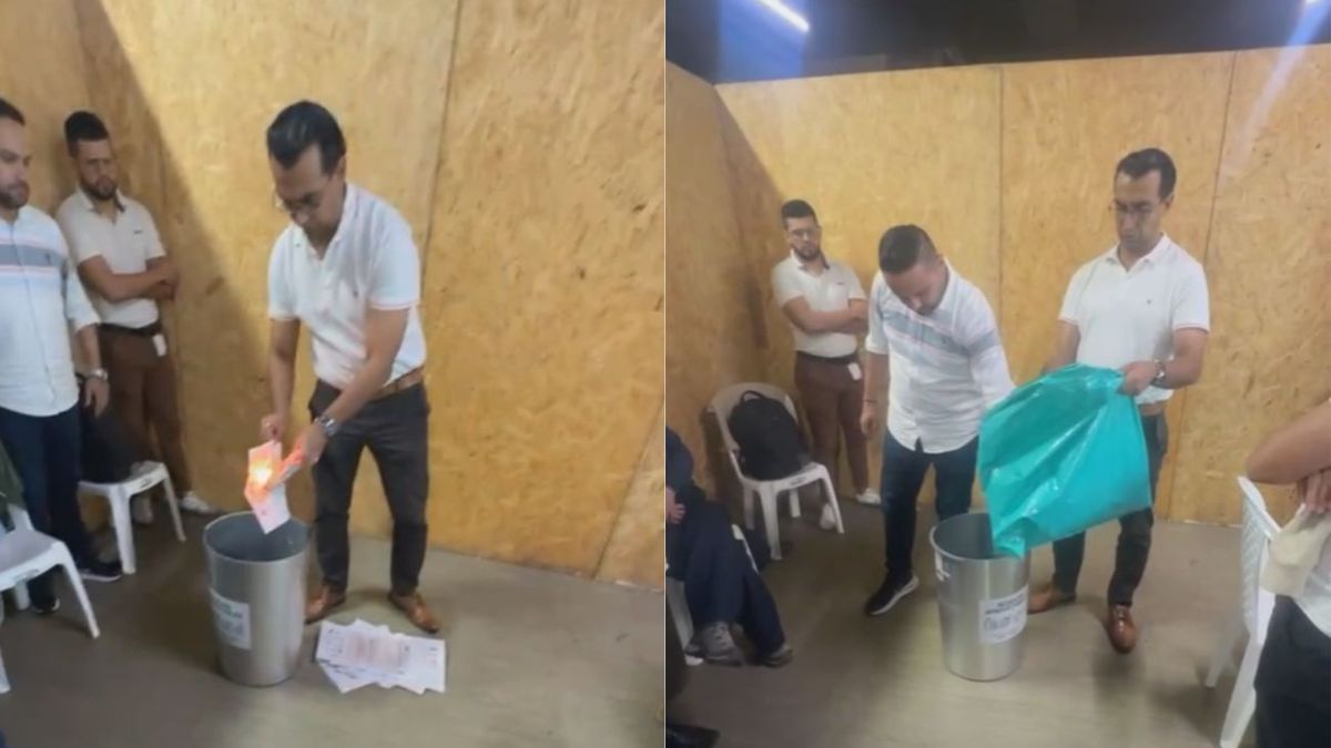 Quema de votos en escrutinio por excedente de tarjetones en una mesa de Bucaramanga.