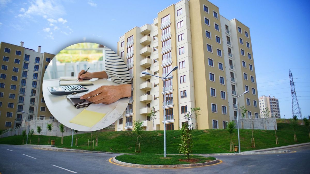 Imagen ilustrativa de un conjunto residencial y un ciudadano haciendo cuentas con calculadora