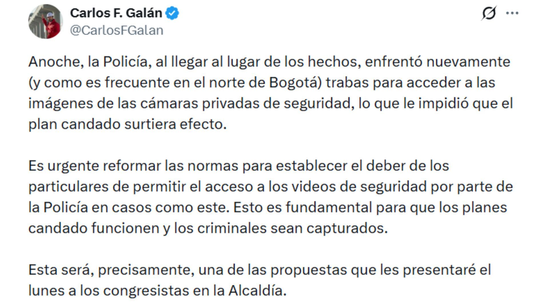 Publicación en X de Carlos Fernando Galán