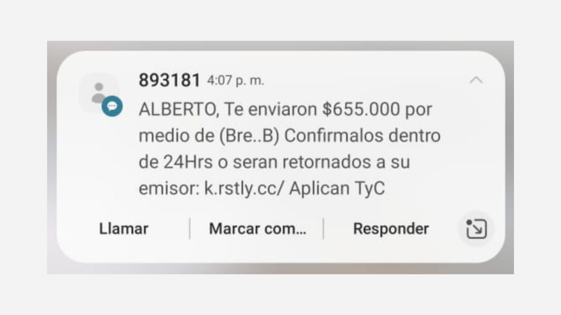 Estafa en Bre-b con mensaje de texto