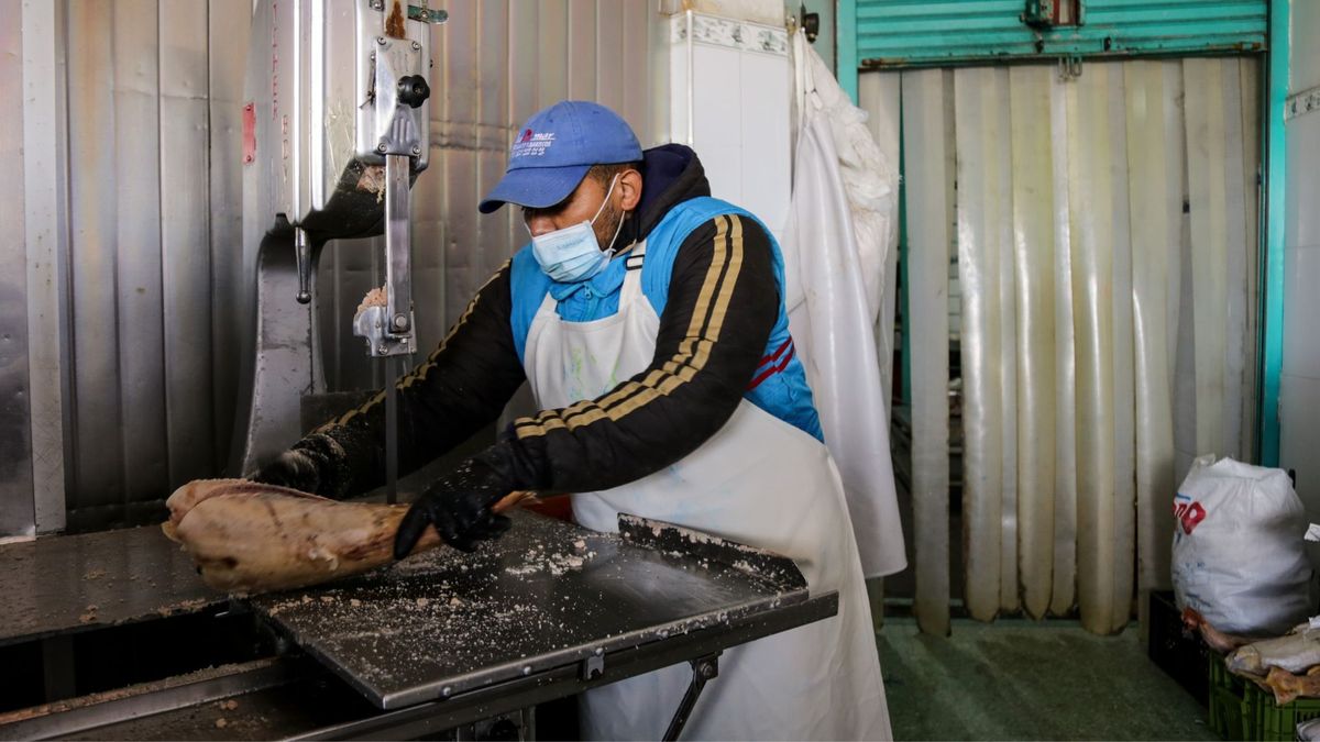 Hombre cortando pescado en Corabastos