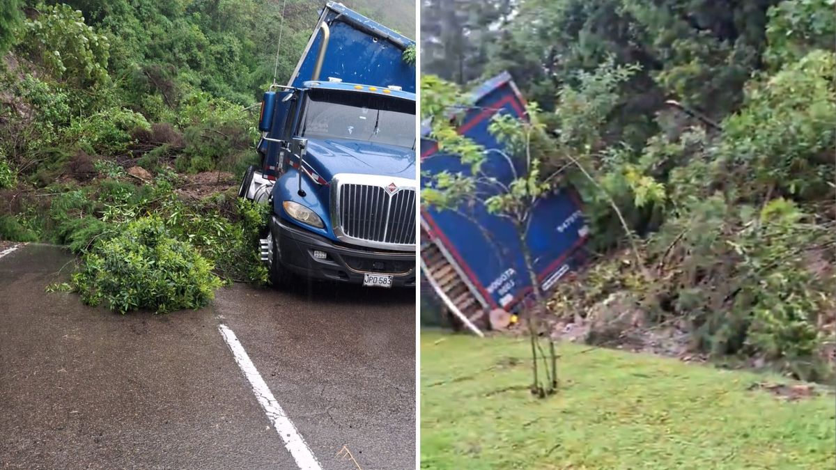 Tractocamión atrapado en derrumbe