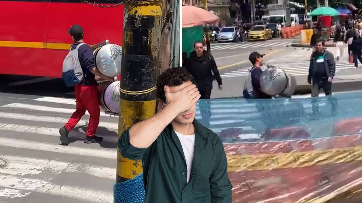 Hombre hurtando caneca ante la mirada de ciudadanos