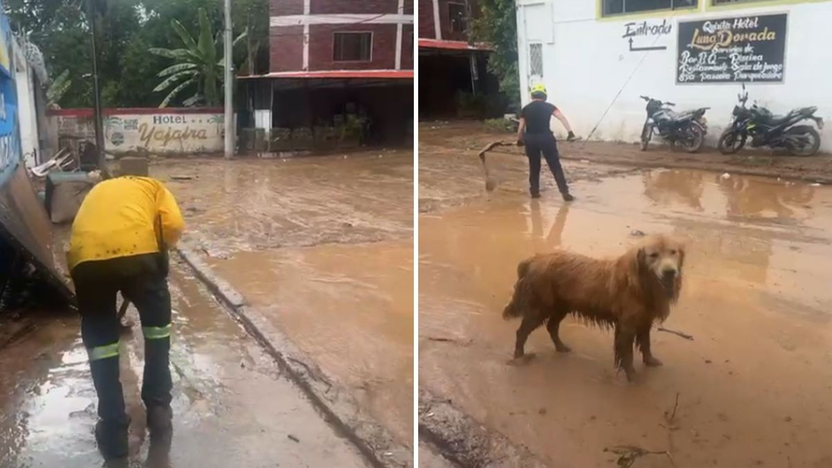 Personal sacando agua de un hotel en Melgar