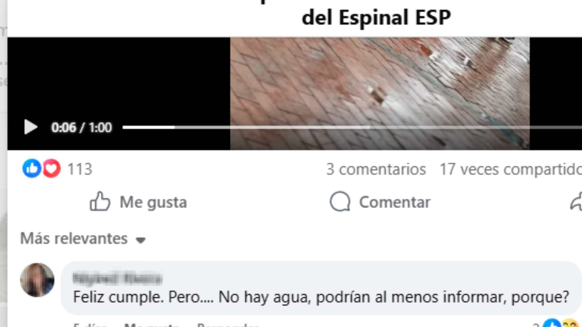 Queja de una habitante por la falta de agua en El Espinal