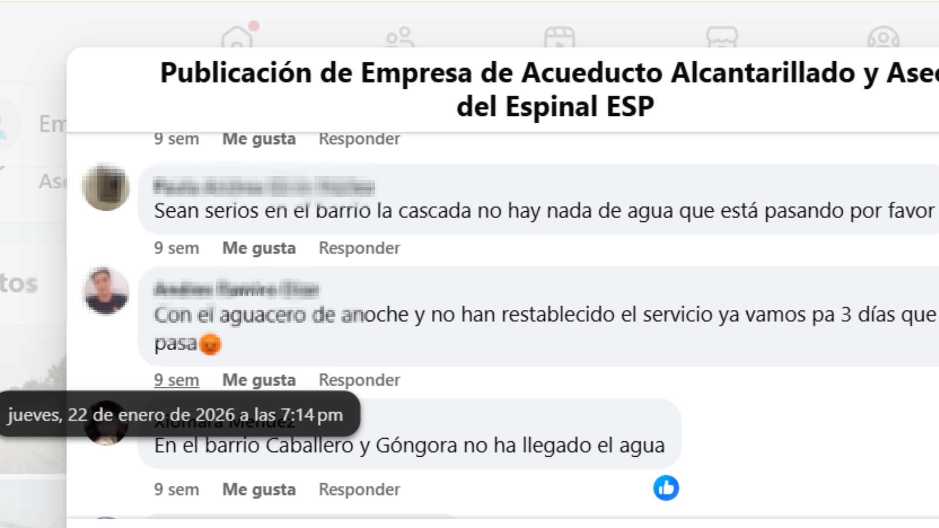 Quejas de los usuarios por falta de agua en El Espinal