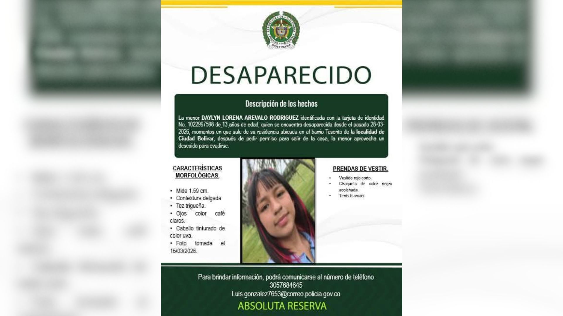 Cartel de búsqueda de Daylyn Arévalo