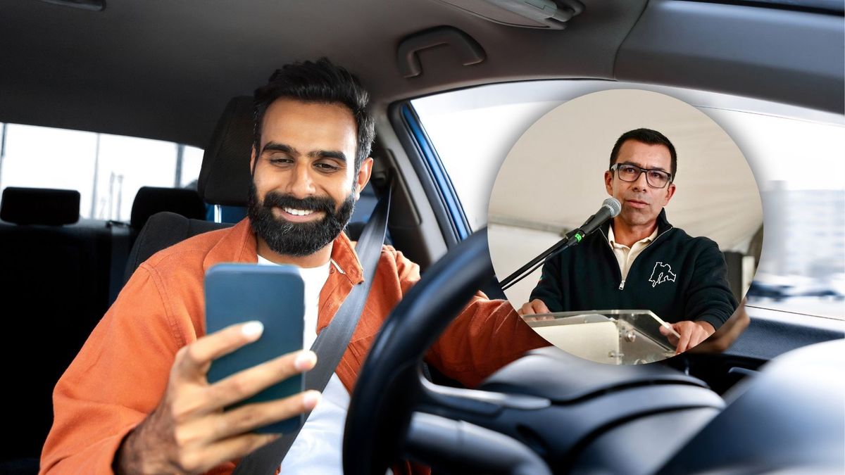 Conductor viendo su celular e imagen de Jorge Rey, gobernador de Cundinamarca.