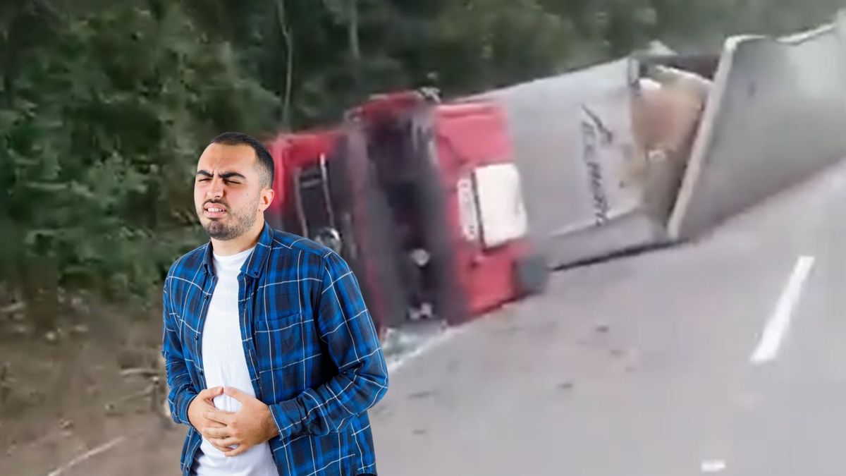 Tractocamión volcado y hombre con dolor de estómago