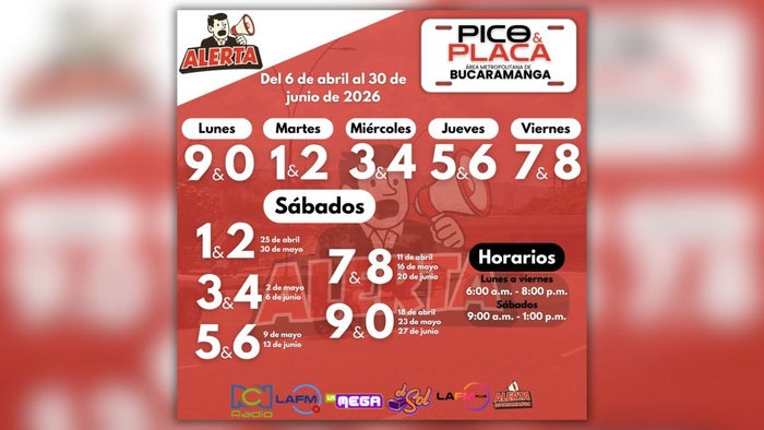 Pico y placa entre abril y junio en el área metro de Bucaramanga