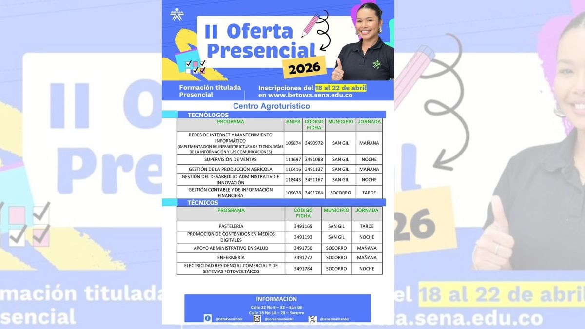 SENA abre segunda convocatoria 2026 en San Gil y Socorro
