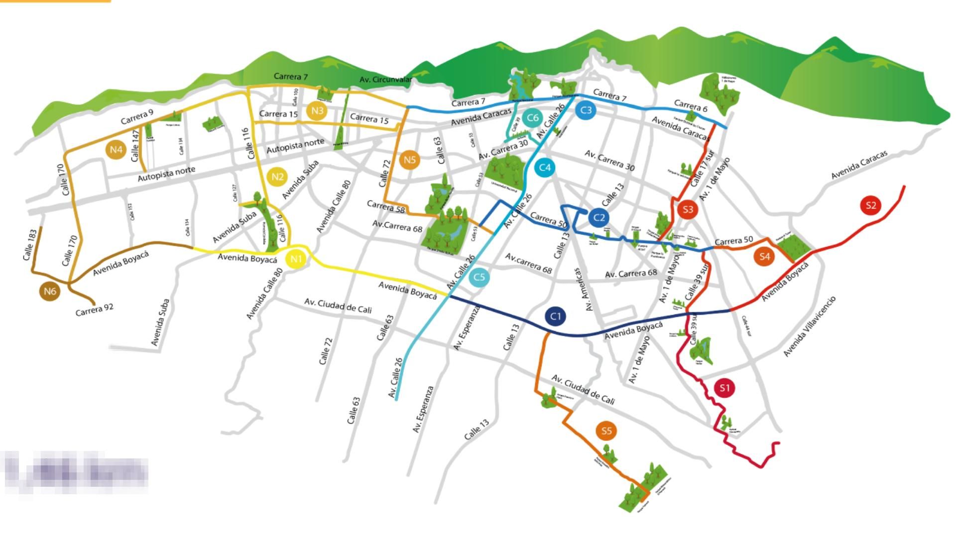 Mapa de la ciclovía de Bogotá.