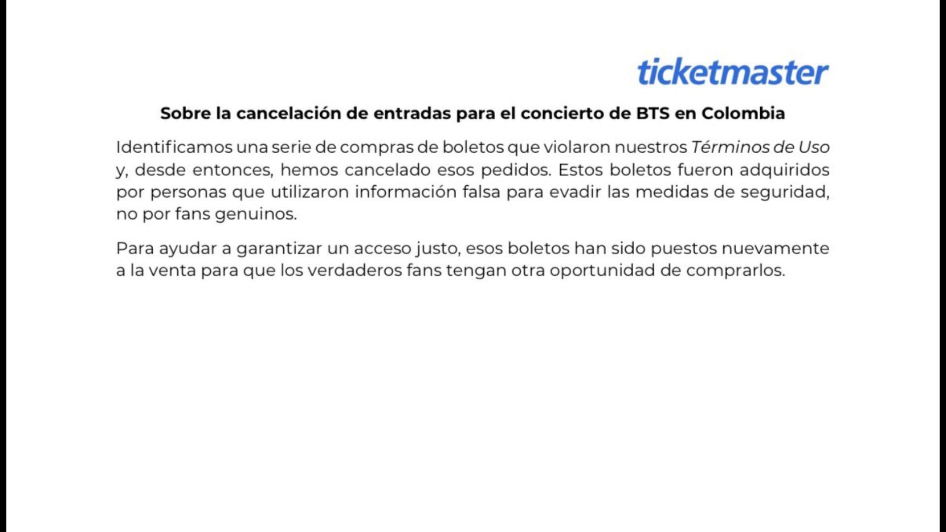 ¿Por qué Ticketmaster canceló boletas de BTS en Colombia?
