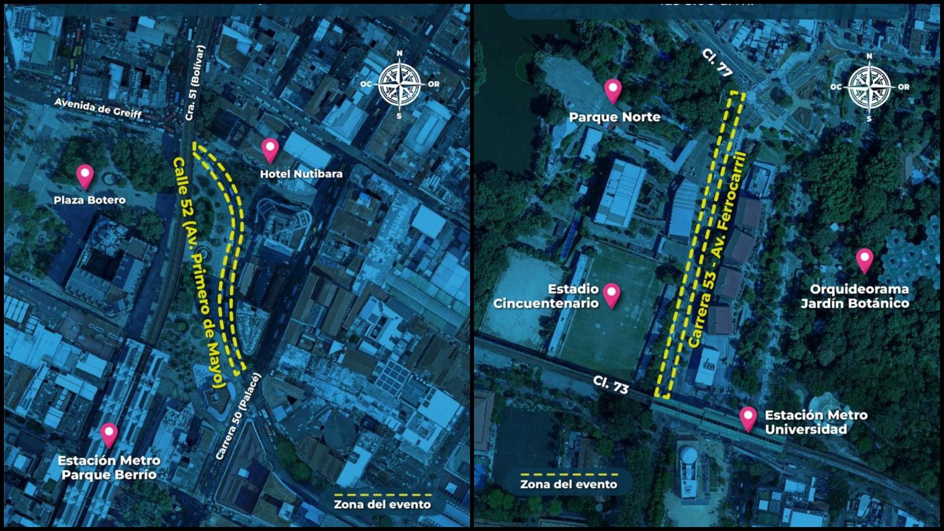 Cierres viales en Medellín: izquierda, los cierres en La Candelaria; derecha, los cierres en Aranjuez