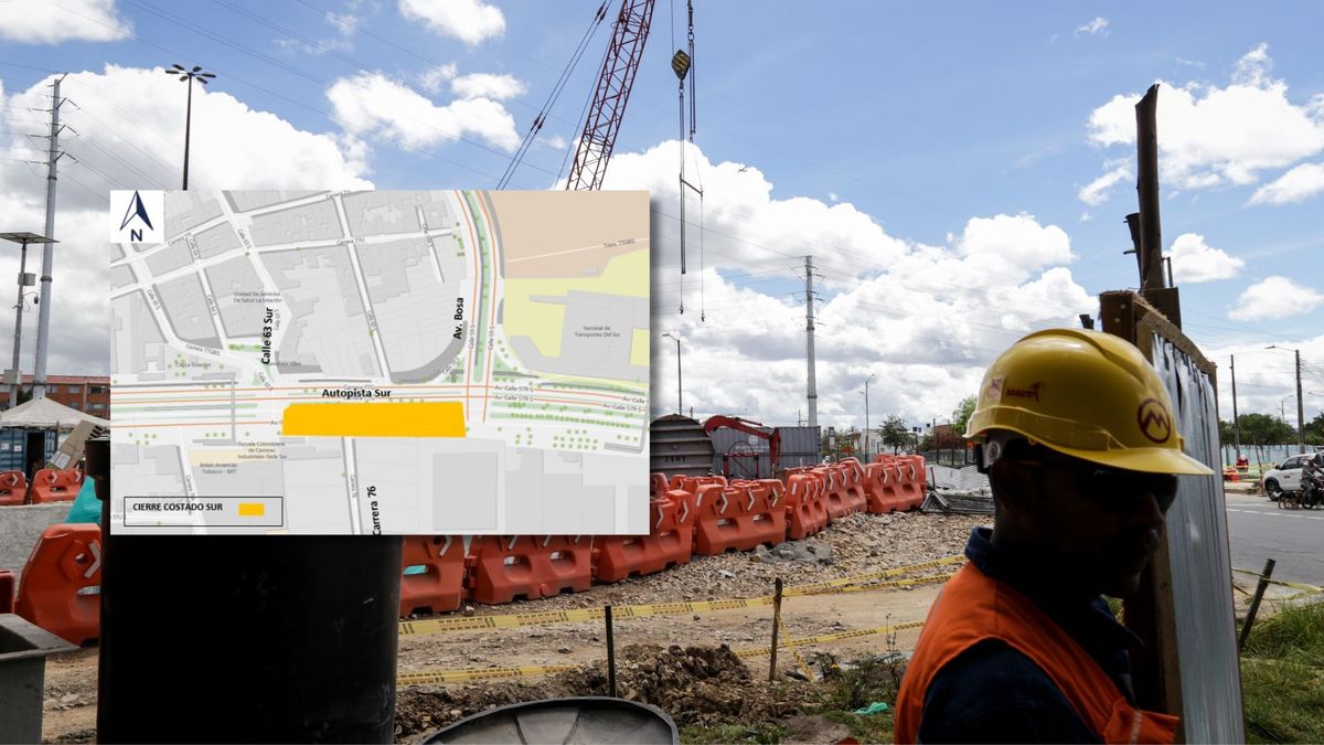 Mapa de la obra en la autopista Sur y trabajadores de obras