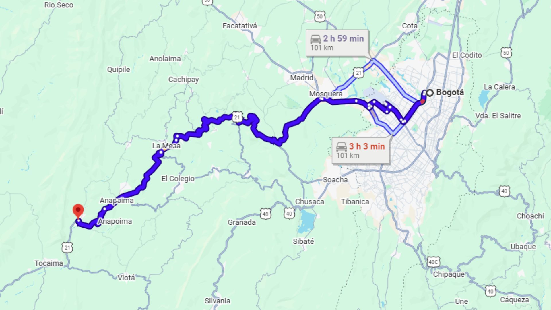 Mapa de la vía que conecta a Bogotá con Apulo