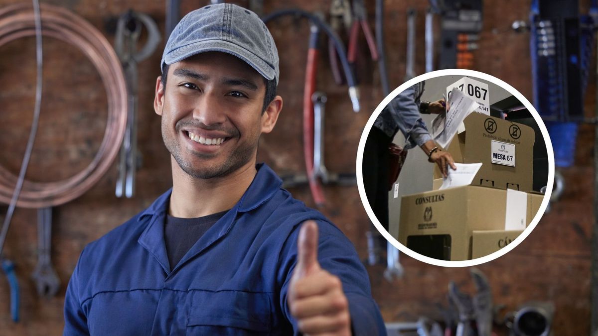 Trabajador contento e imagen de ciudadano votando