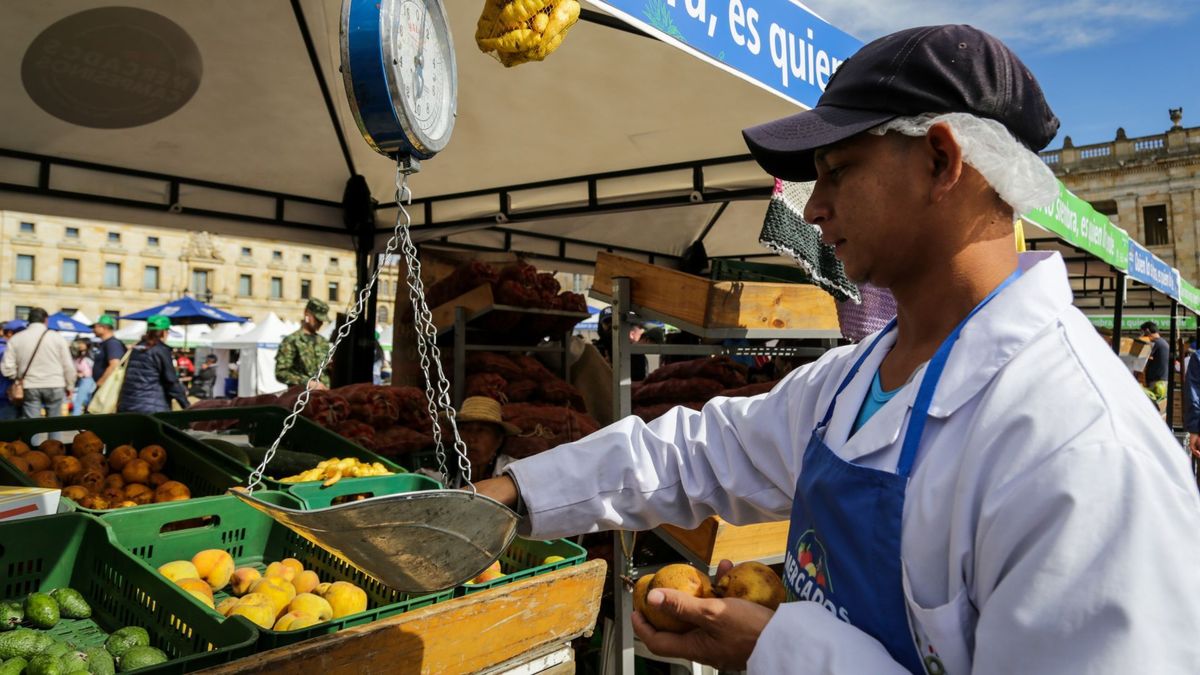 Hombre pesando papas en un mercado campesino