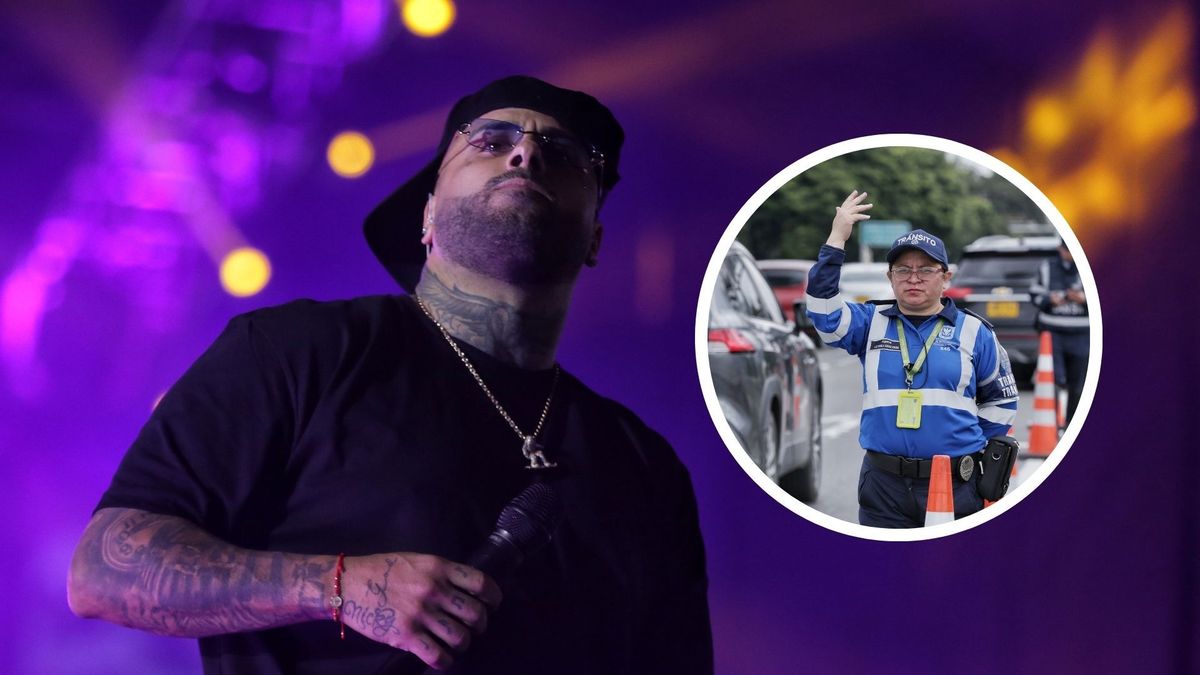 Nicky Jam en concierto y agente de tránsito en puesto de control