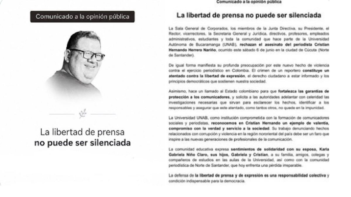 “La violencia no puede silenciar al periodismo”: UNAB rechaza crimen de comunicador
