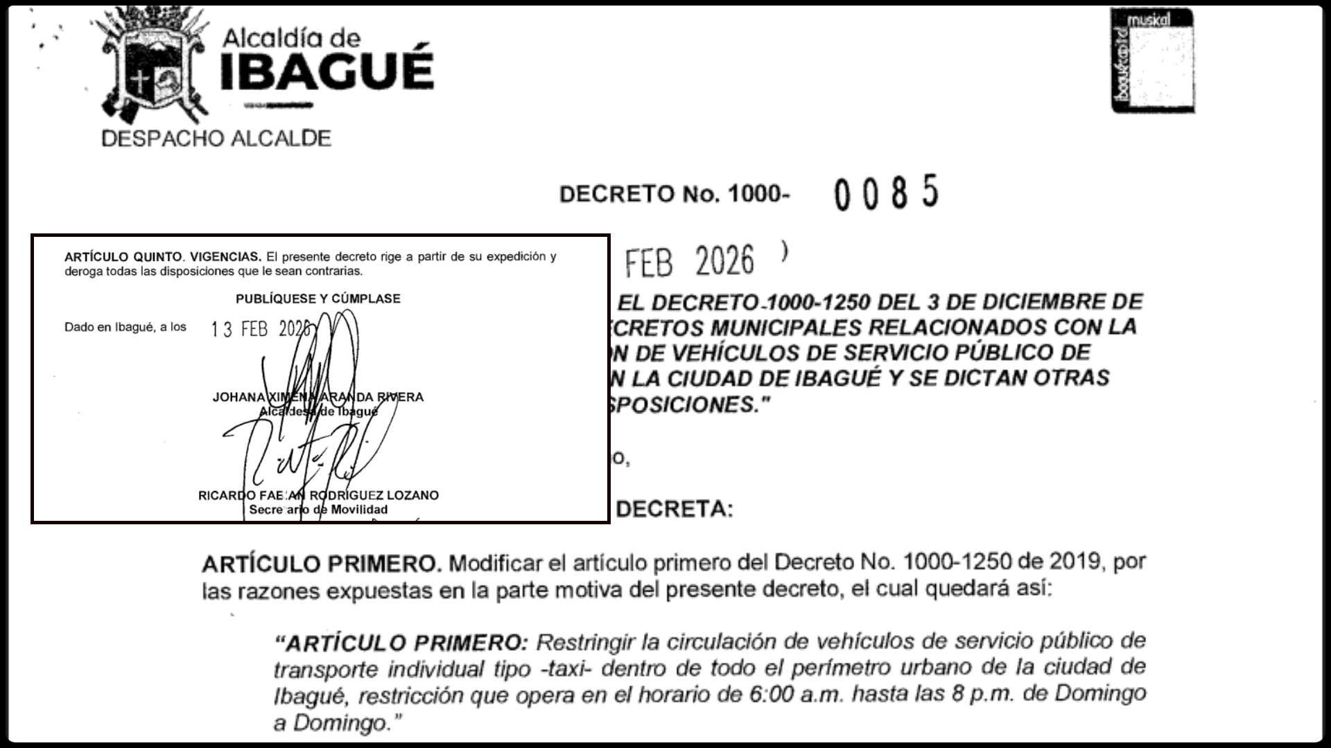 Decreto 0085 de 2026, Ibagué.