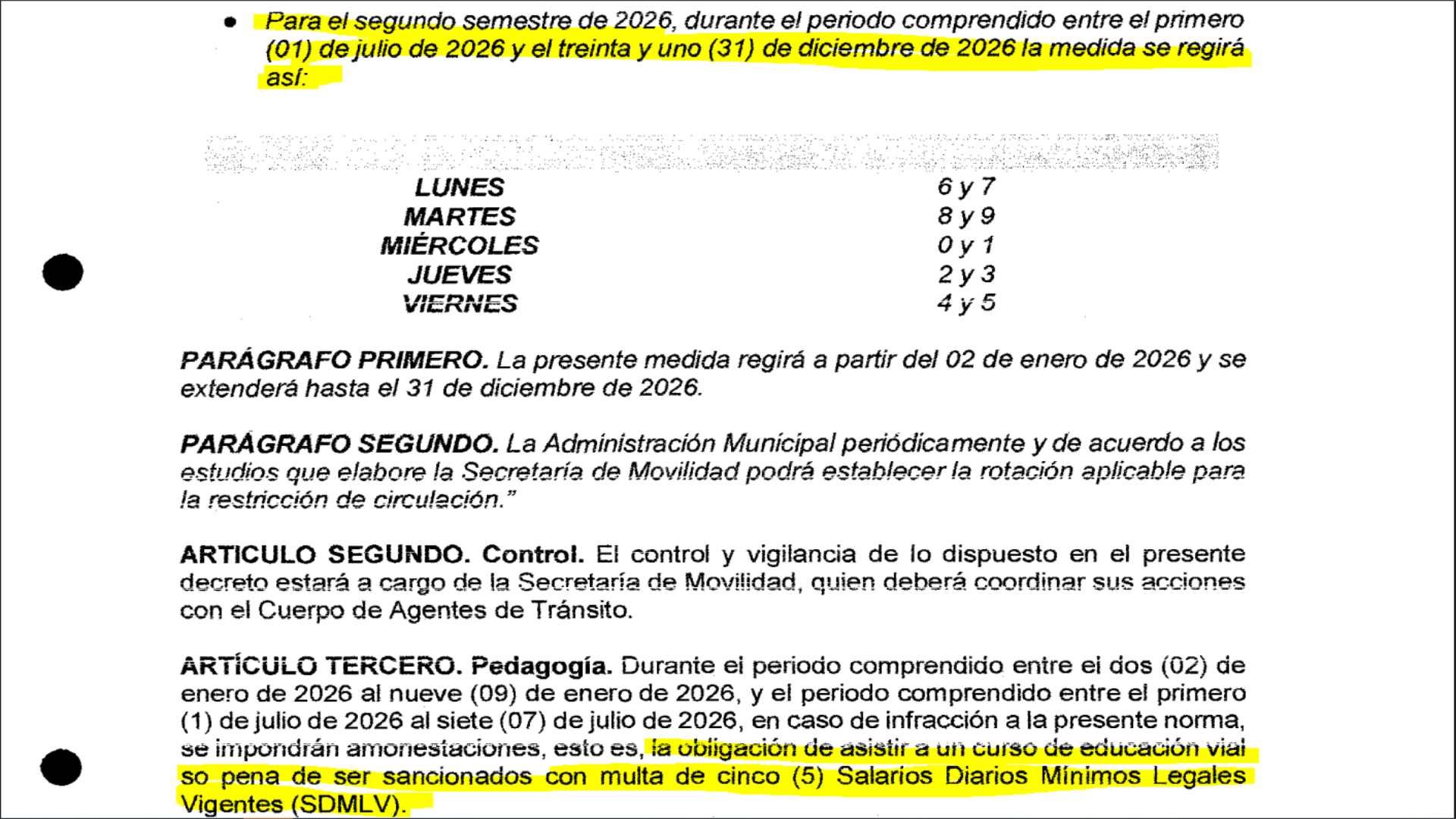 Pico y placa en Ibagué, segundo semestre de 2026