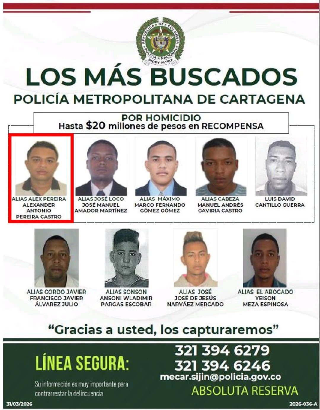Cartel de los más buscados en Cartagena abril 2026
