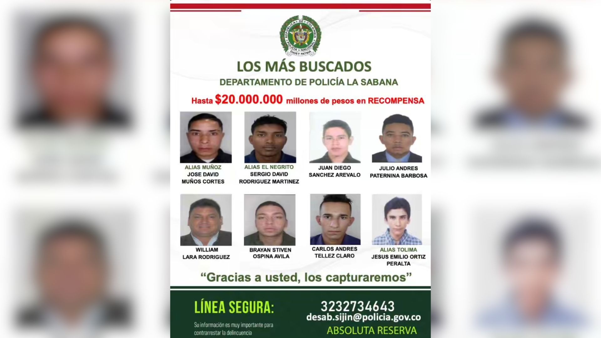 Cartel de los más buscados en la Sabana