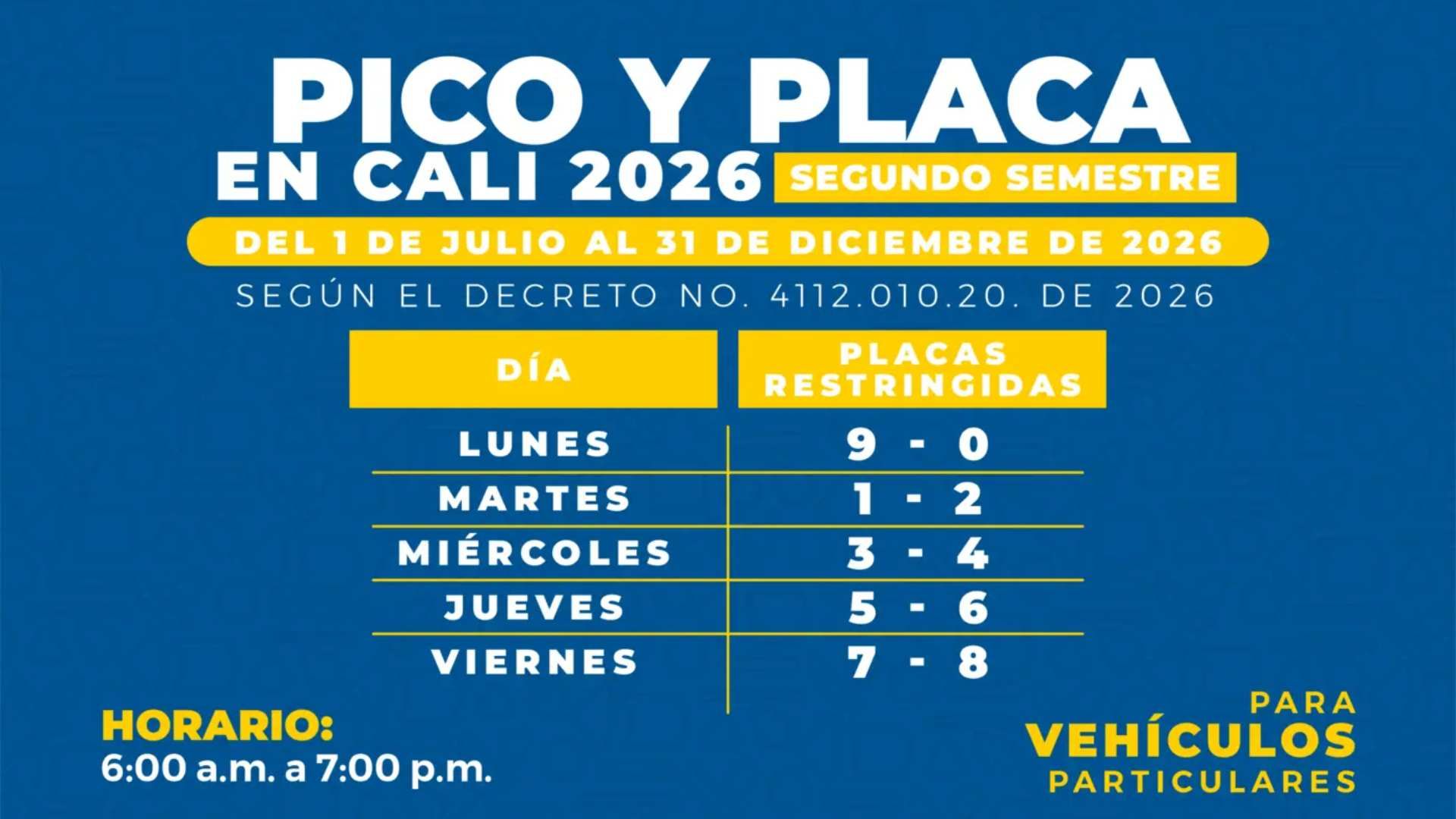 Pico y placa en Cali, segundo semestre de 2026
