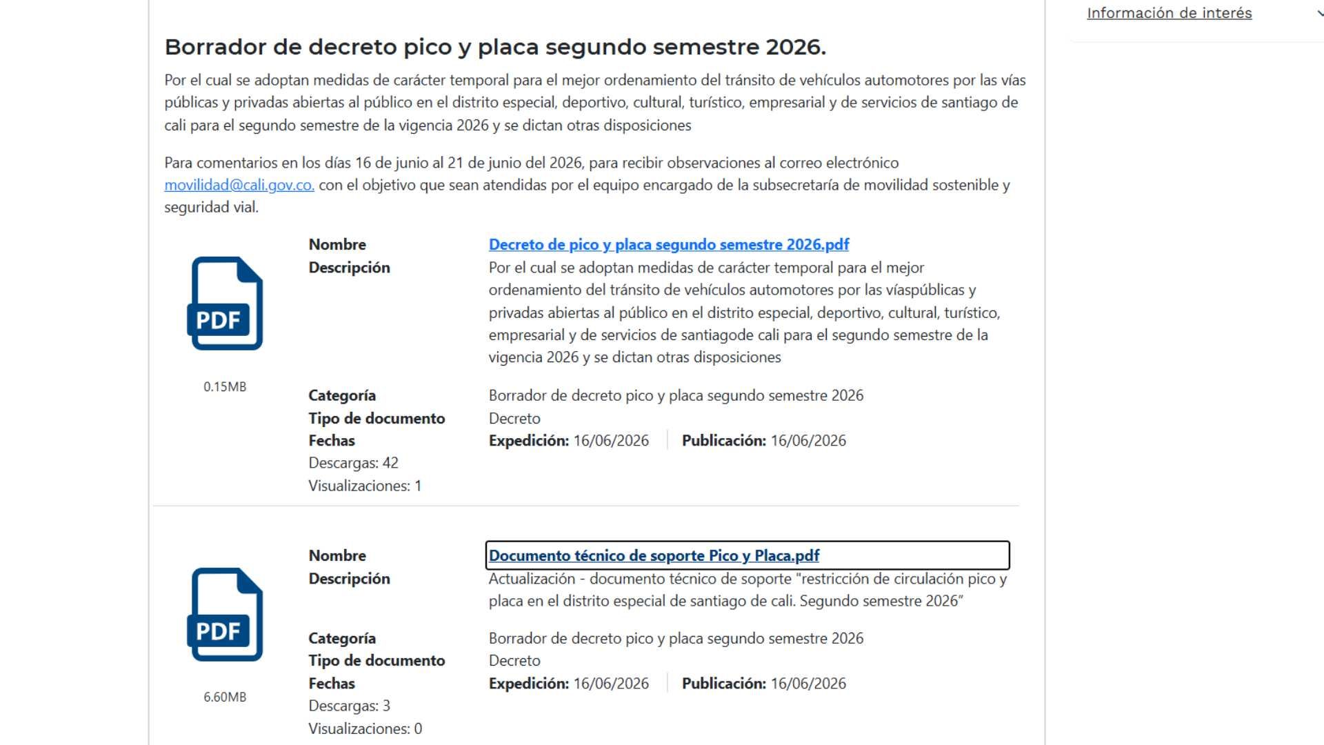 Borrador de decreto del nuevo pico y placa en Cali, segundo semestre de 2026