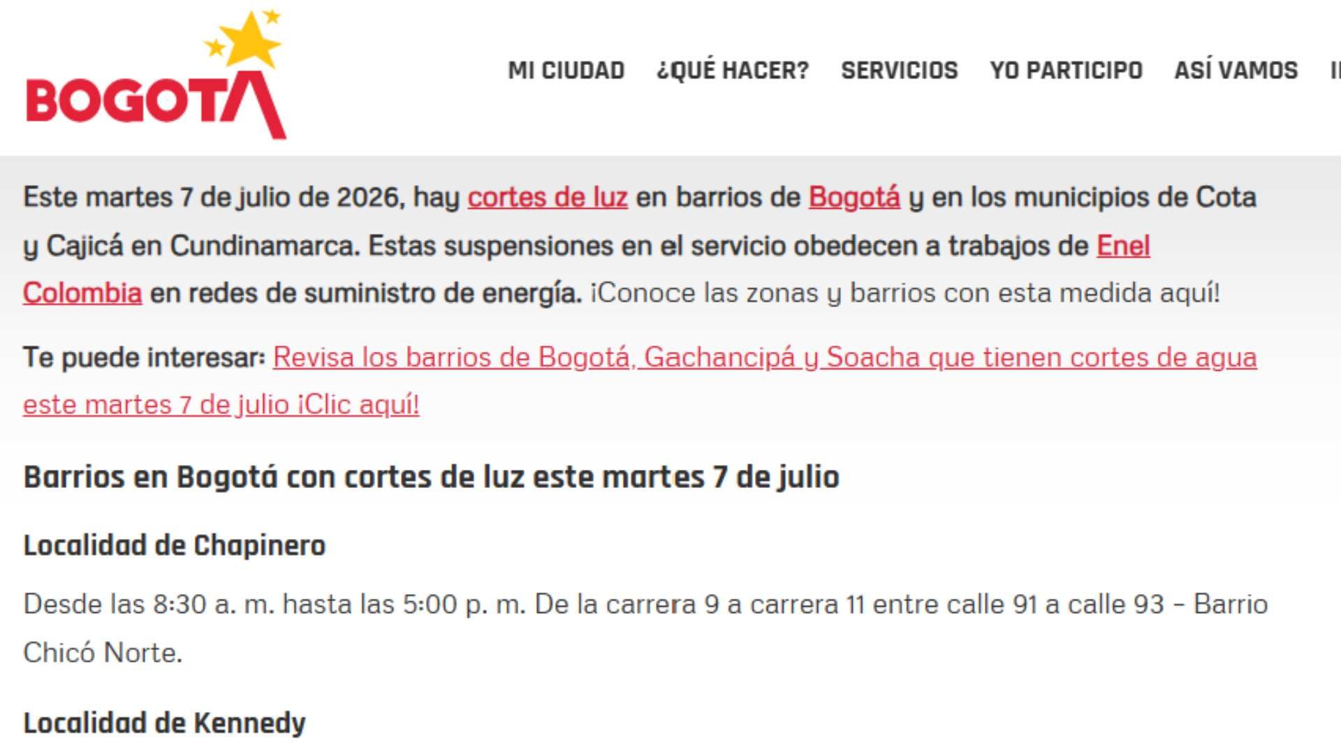 Cortes de luz anunciados en la página de la Alcaldía de Bogotá.