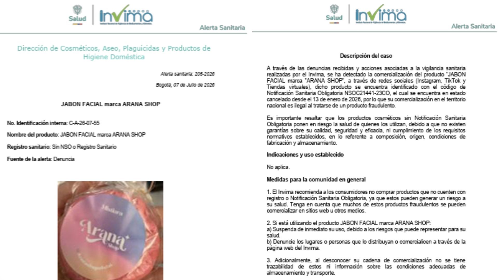 Invima emite alerta sanitaria por el Jabón Facial Arana Shop ¿Por qué es ilegal