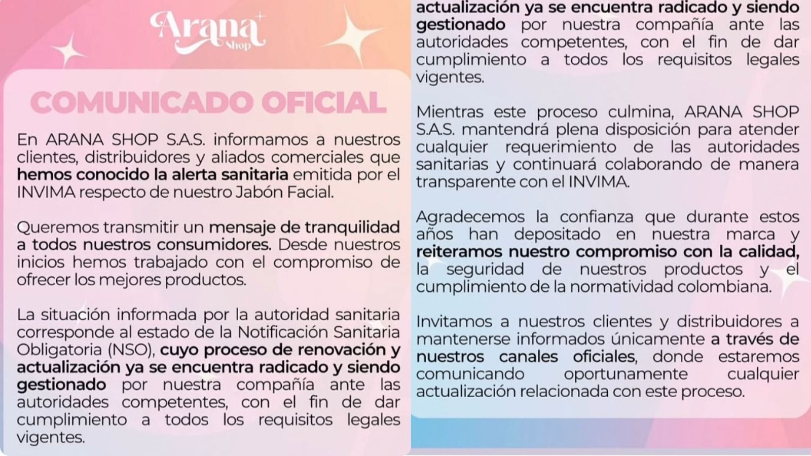 Comunicado Arana Shop.