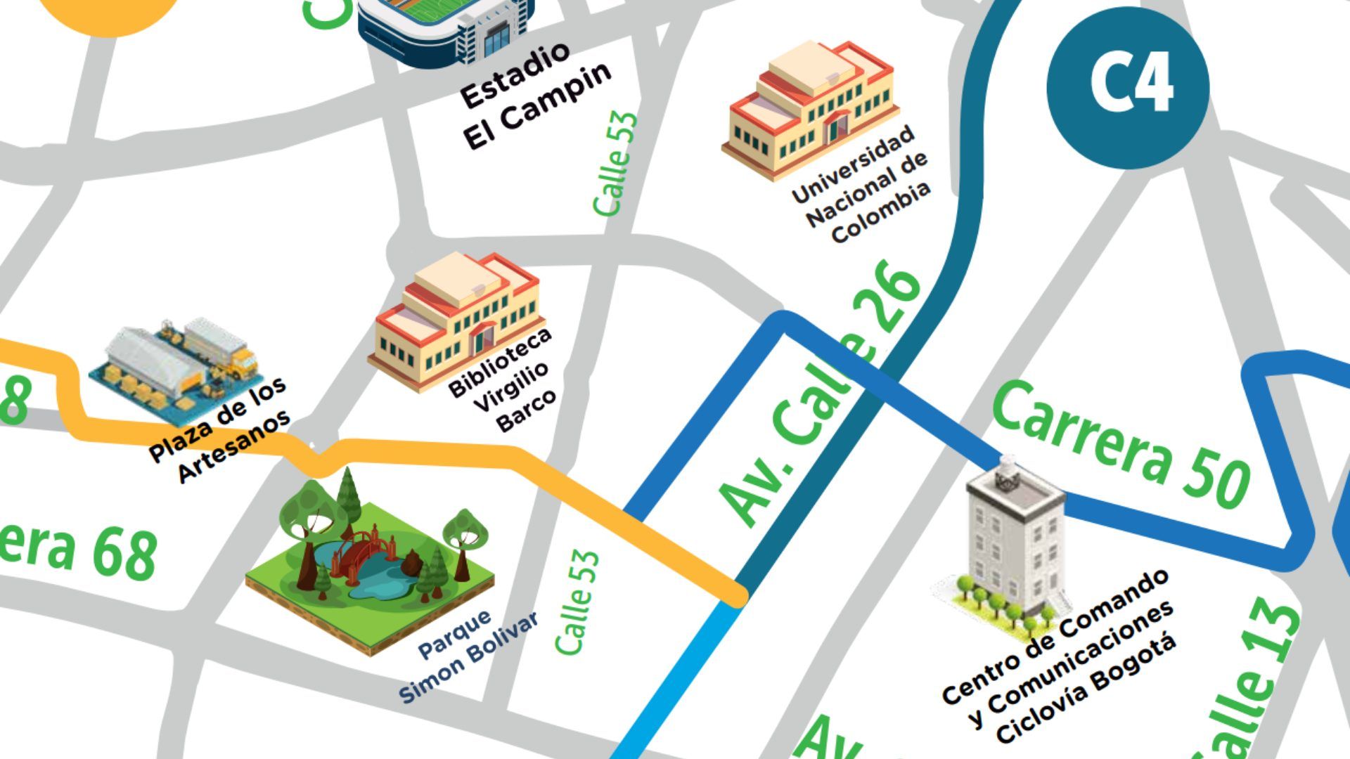 Mapa de la ciclovía para llegar a la biblioteca Virgilio Barco.